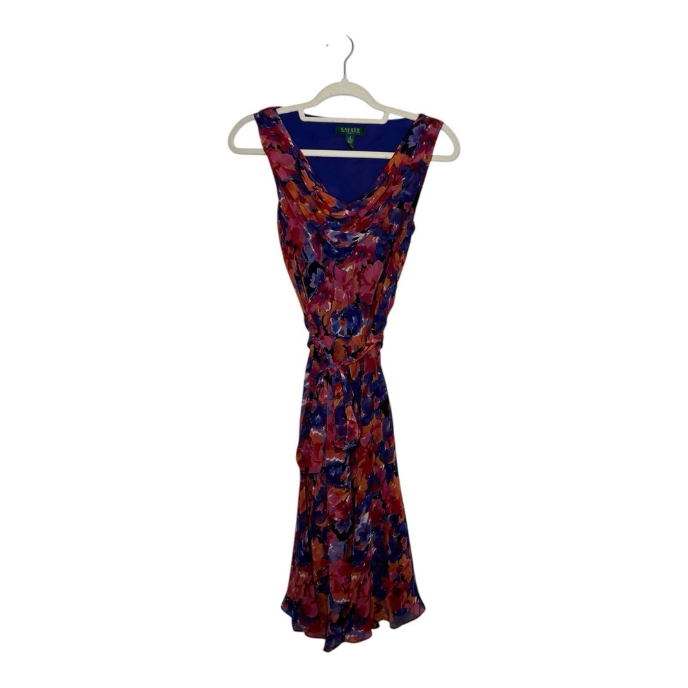 Lauren Ralph Lauren Dress Womens 4 Pink Purple Floral‎ Cowl Neck Vibrant Belted